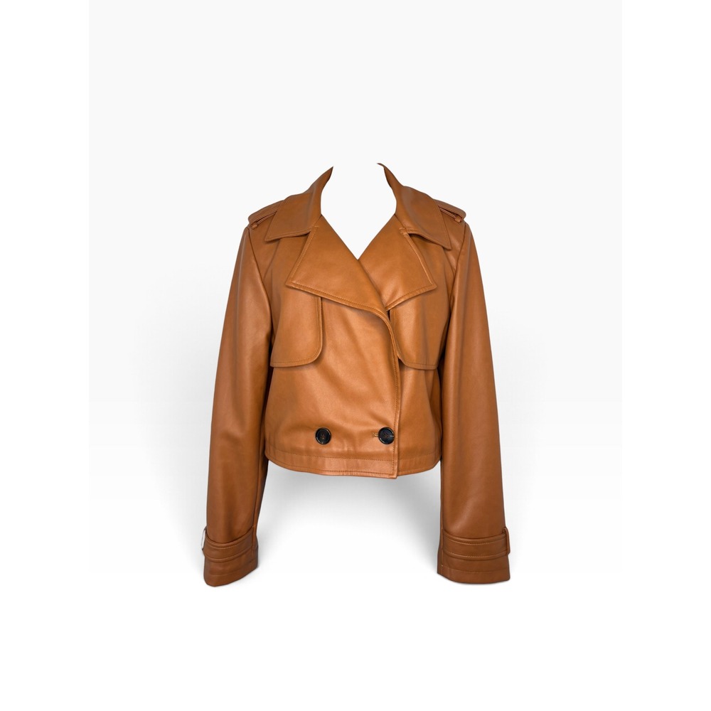 Avec Les Filles Faux Leather Jacket Womens M Brown Excellent Cropped Trench Coat - Picture 6 of 9